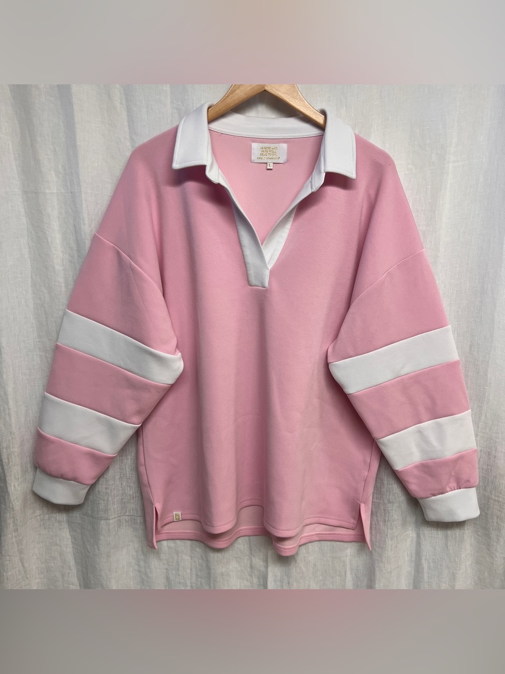 Simply Southern Pink & White Rugby Collar Pullover Top L Oversized Preppy Cozy